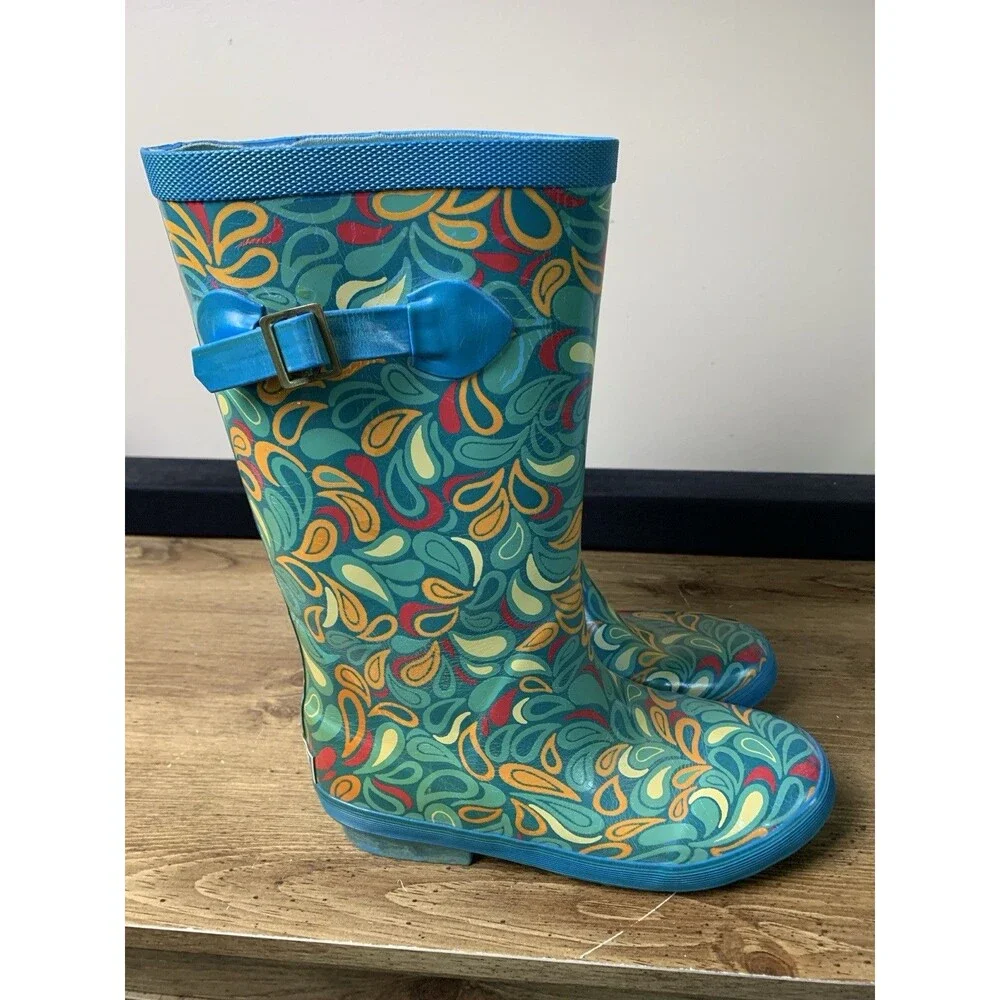 🌻2 for $20🌻 LL Bean Wellie Rain Boots Kids Blue Paisley Girls Size 6 Outdoor